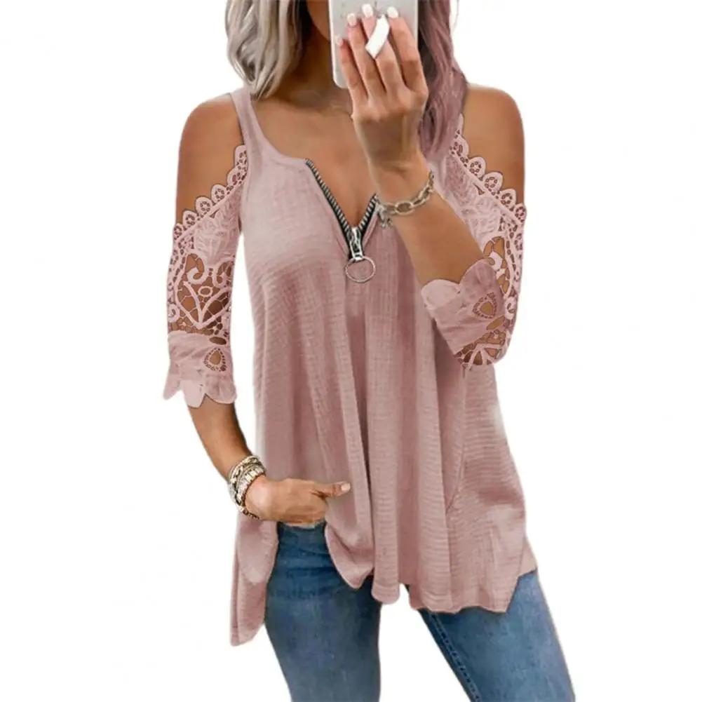 

Lace Half Sleeve Women T-Shirt Deep V Neck Zipper Hollow Out Summer T-Shirts Plus Size All-match Casual T-Shirts Top