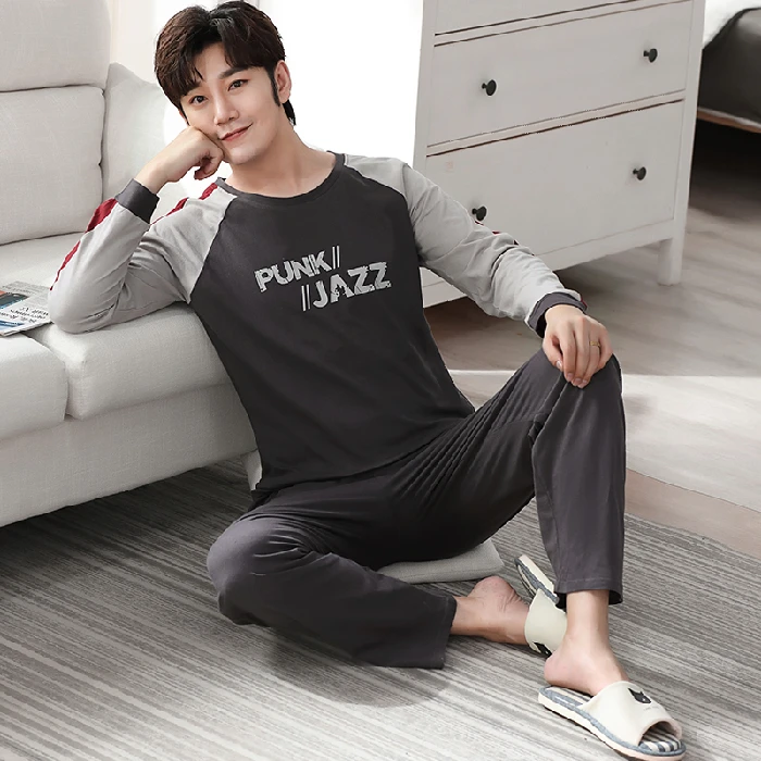 

Pajama Set Men O-neck Long Sleeve Striped Comfortable Warm Cotton Mens Pajamas Plus Size XXXL Korean Style Home Clothing Casual