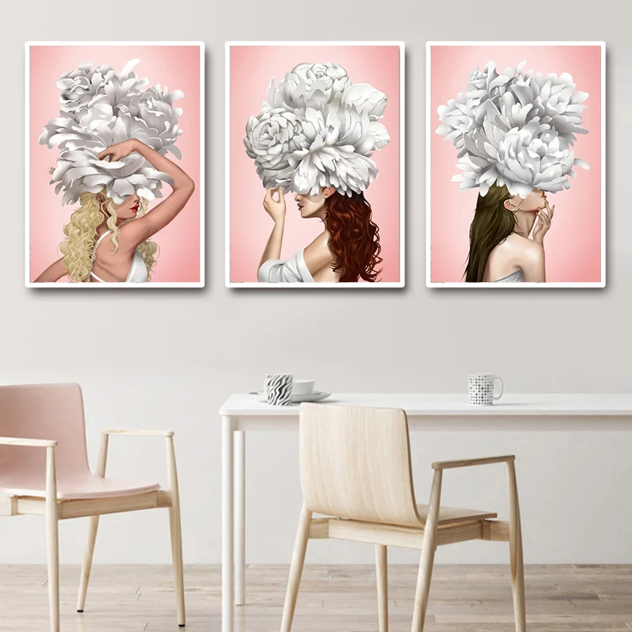

Fashion White Peony Flower Girl Wall Art Canvas Painting Nordic Poster Posters And Prints Wall Pictures For Living Room Unframed