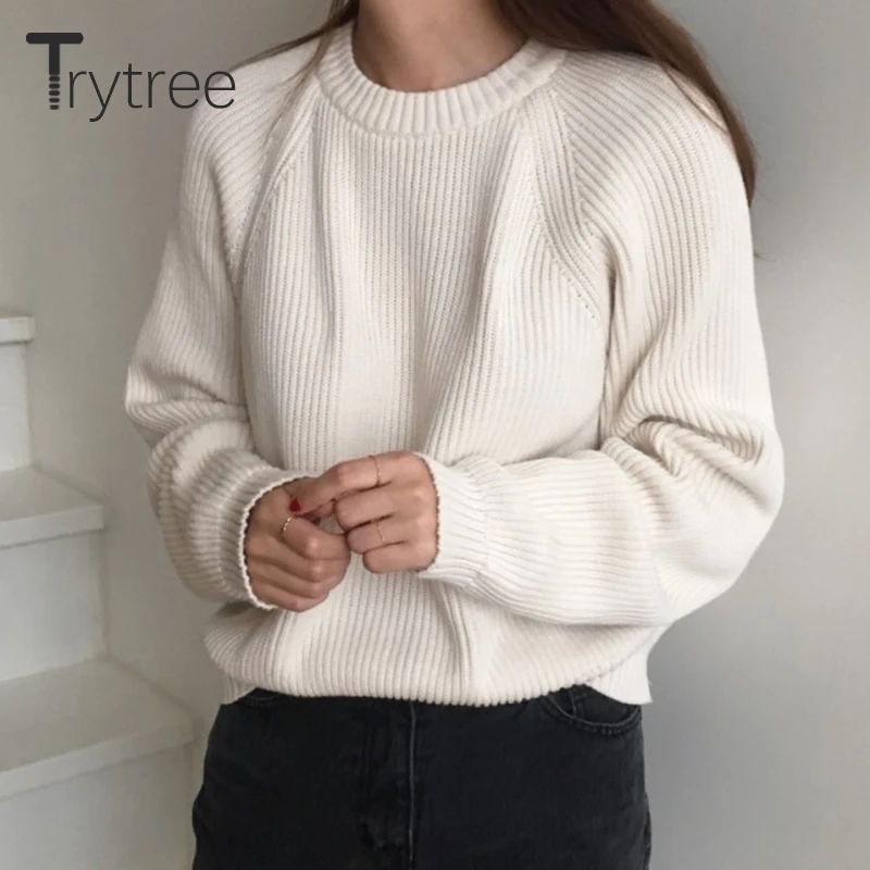 Trytree 2019 Autumn Winter Women Casual Sweater O-neck Pullovers Knitting Fashion Loose Solid 4 Colour All-Purpose Style | Женская