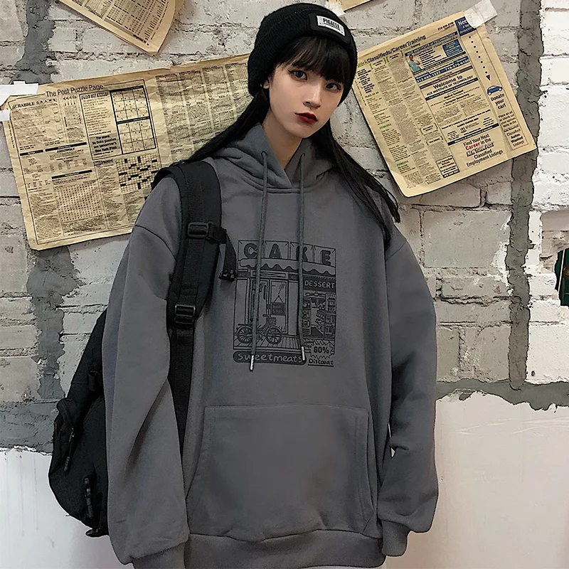 

Hoodies Women Printed Thickening Hooded Plus Velvet BF Unisex Couples Pullover Sweatshirt Streetwear Hip-Hop All-match Oversize