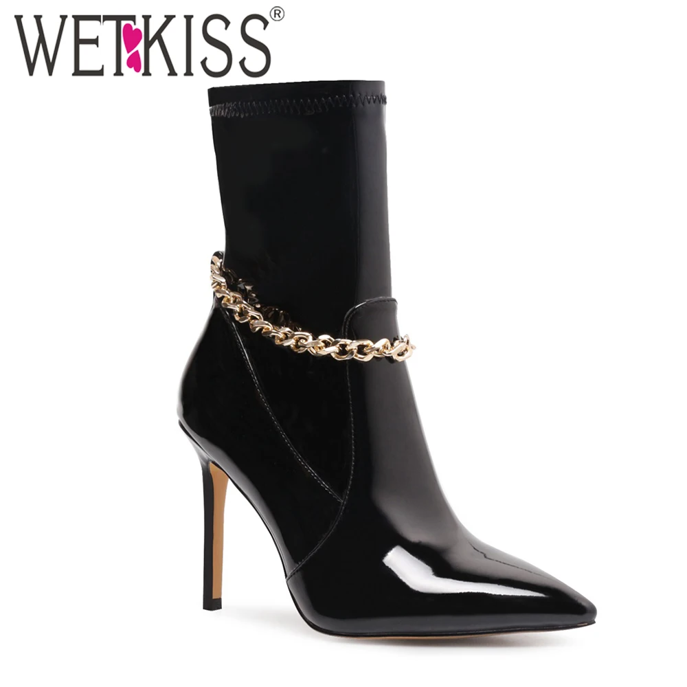

WETKISS Stretch Ankle Boots Women Sexy Stiletto High Heels Boots Patent Leather Pointed Toe Metal Chain Zipper Elastic Shoes