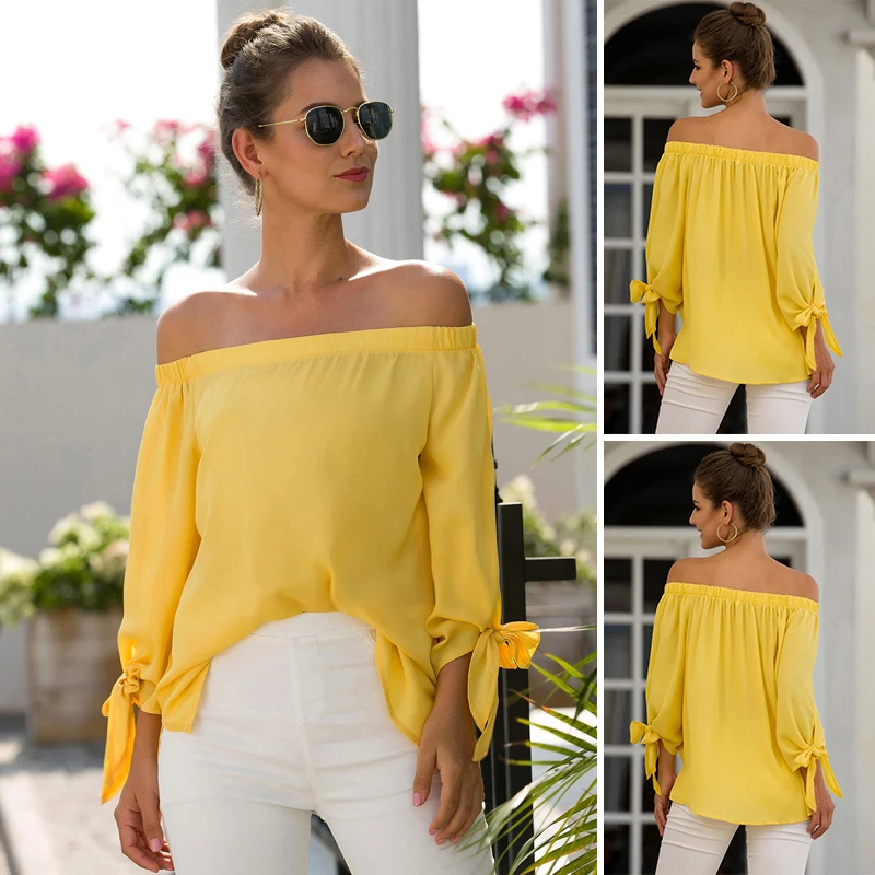 2019 New Fashion Women's Sexy Off Shoulder Slim Tops Summer Knot Ladies Long Sleeve Solid Women |