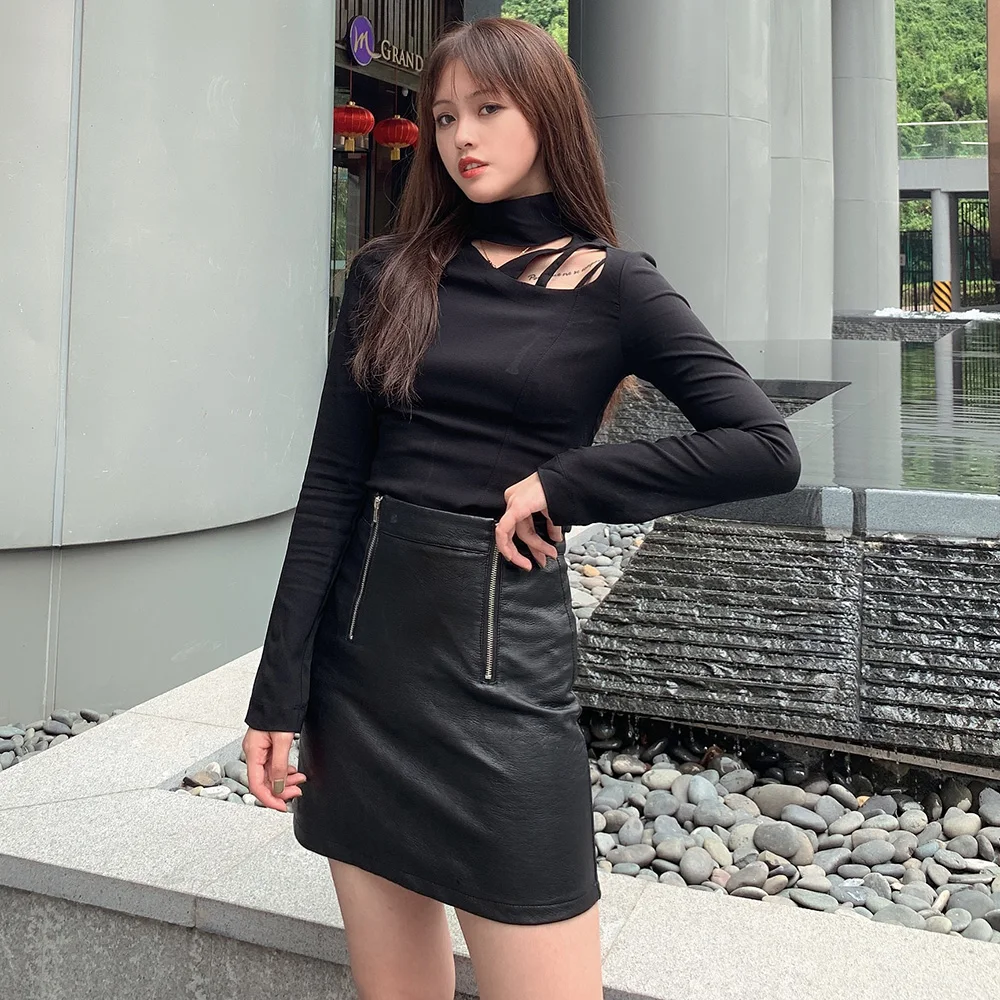 Осень 2019 полый черный водолазка футболка женская тонкая стильная хорошего