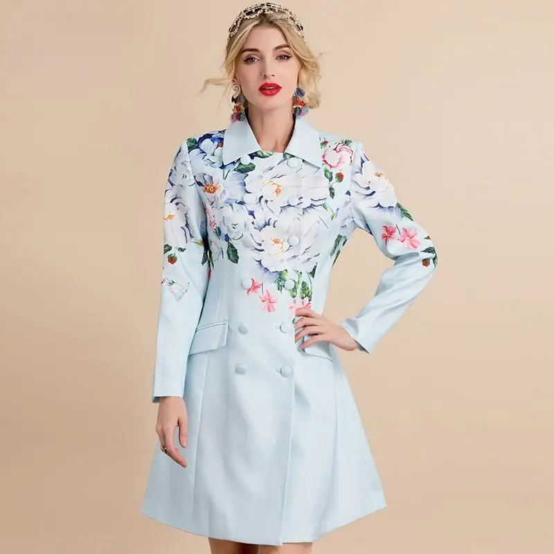 

2021 New Fashion Autumn Double Breasted Overcoat Outwear Women's Elegant Blue Flower Print Casual Trench Coat