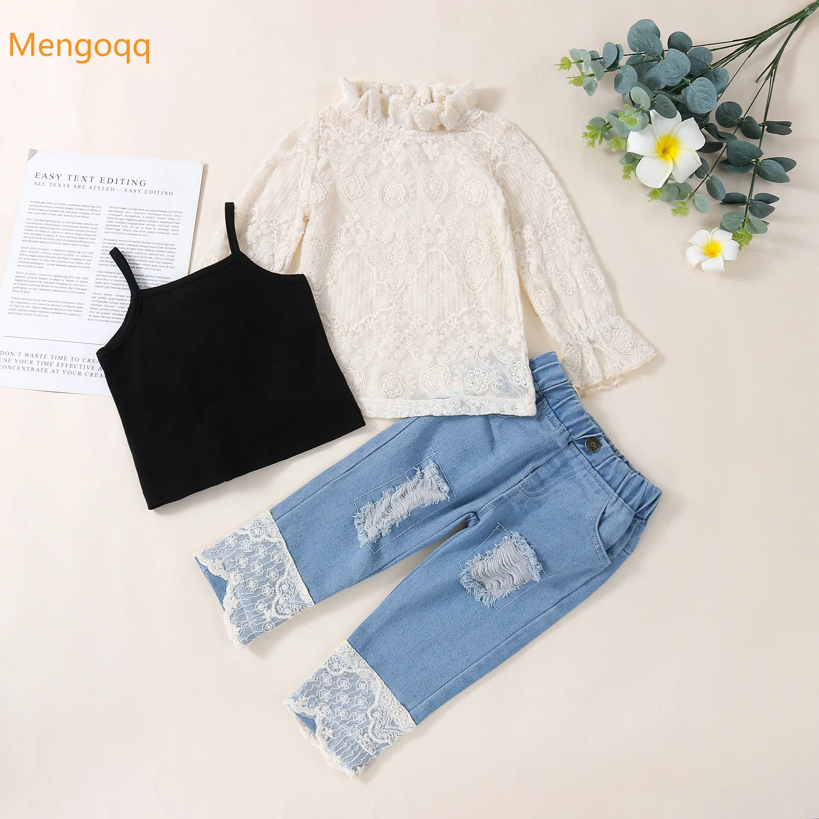 

Toddler Kids Baby Girls Autumn Full Sleeve Lace Top Shirts Solid Vest Denim Hole Trousers Children Clothes Set 3pcs 6M-3Y