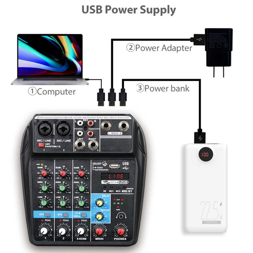 

Wireless 4 Channel Audio Mixer Portable Sound Mixing Console USB Interface MP3 Computer Input 48V Phantom Power Monitor for Home
