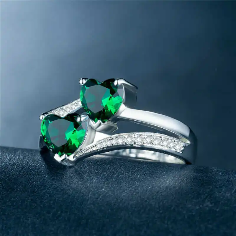 Women Size6-10 To Heart Romantic Ring  Green Pink Blue Color Wedding Ring