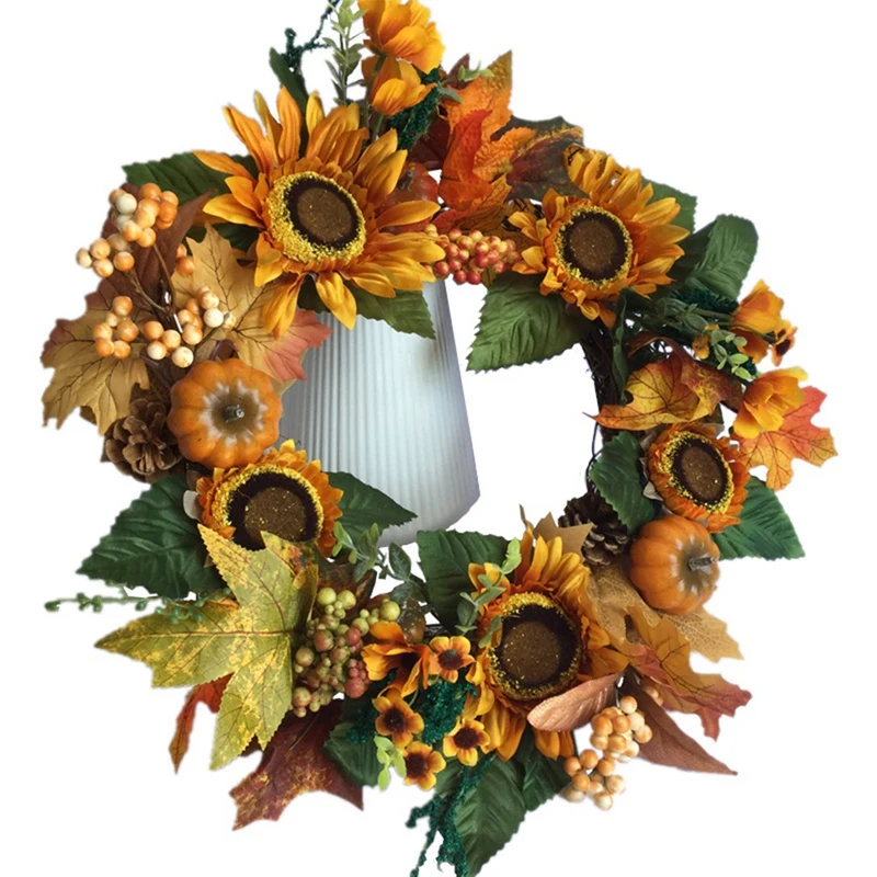 

Fall Wreath Decoration - Autumn Pumpkin and Sunflowers Wreath for Front Door Home Halloween Thanksgiveing Decoration-ABUX