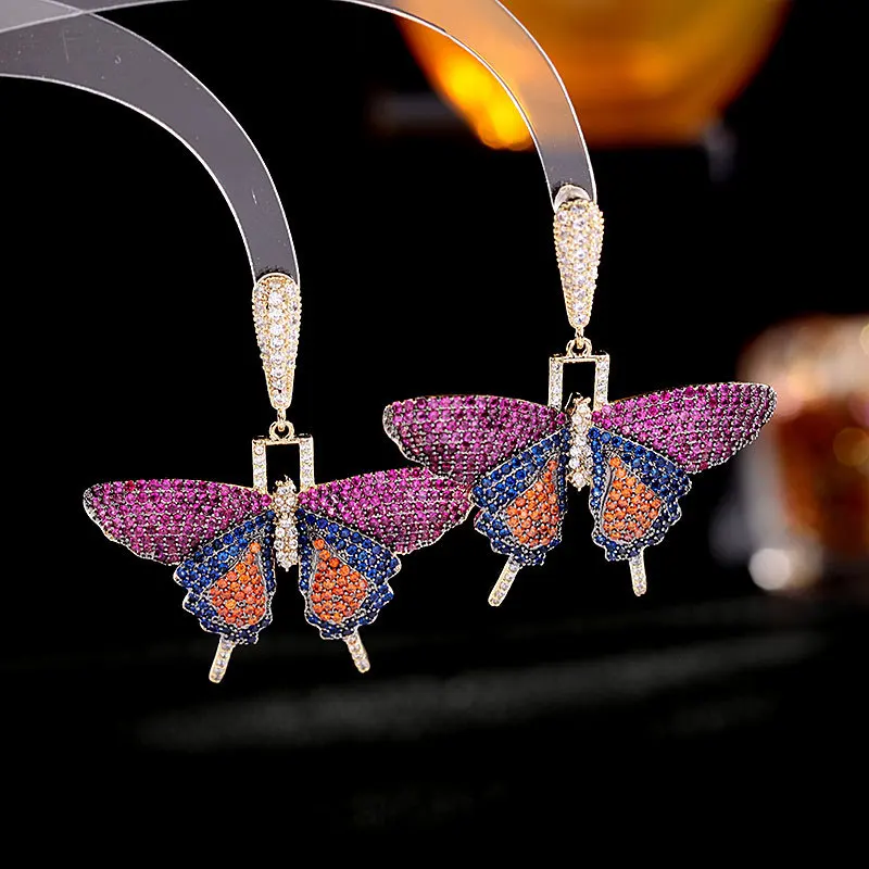

S925 Silver Needle Japan and South Korea Fashion High Sense Butterfly Earrings Color Zircon Earrings
