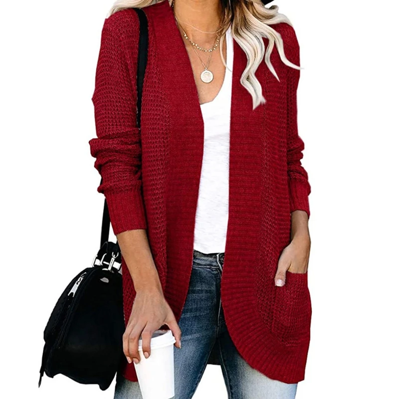 

Women Chunky Knit Solid Cardigan Long Sleeve Rounded Hem Sweater Coat Pockets Y1QD