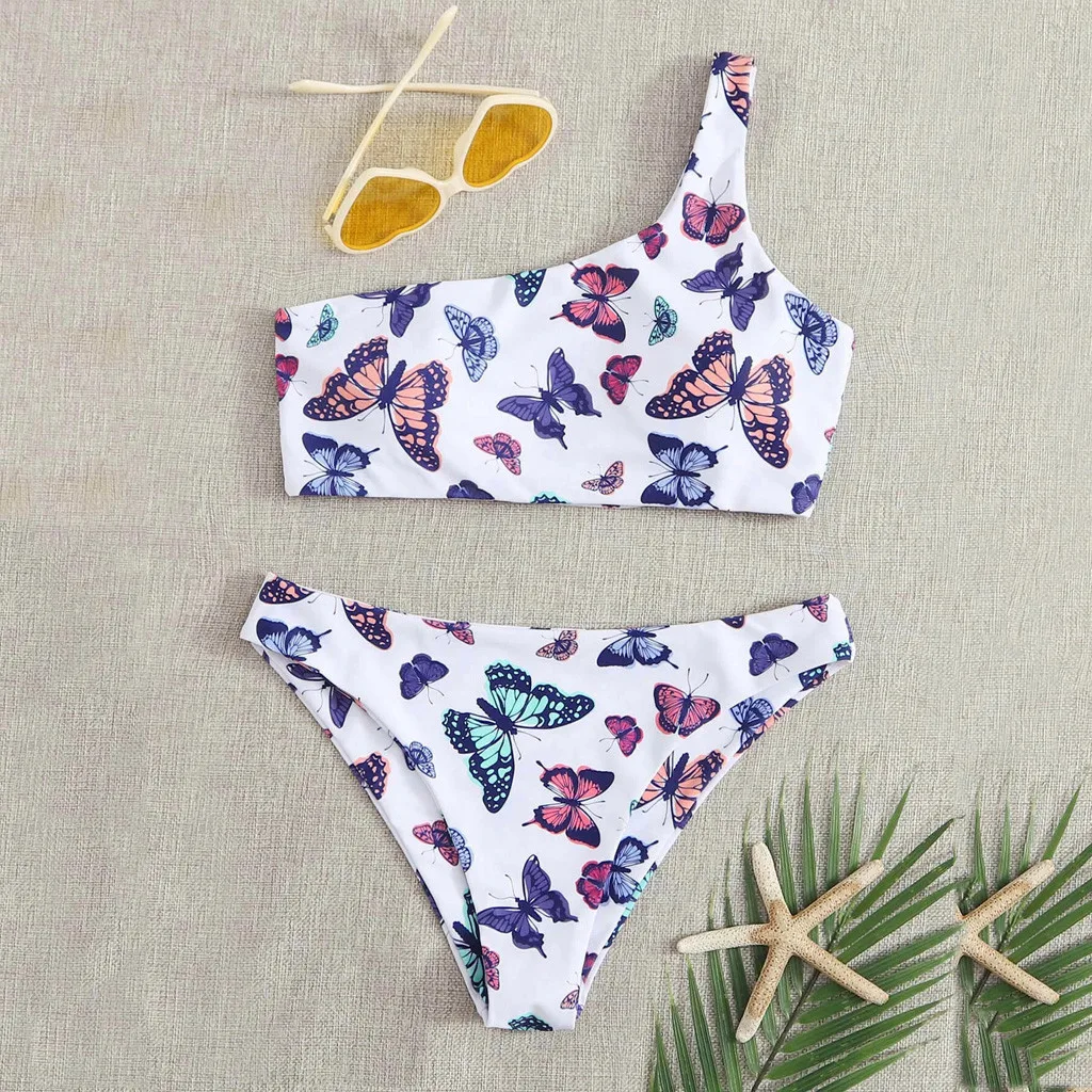 Женский комплект бикини с принтом бабочки высокой талией два предмета купальник