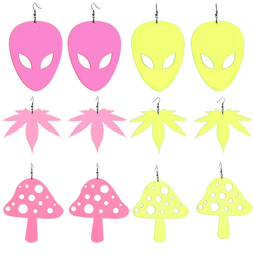 

Statement Neon Pink Yellow Mushroom Leaf Alien Acrylic Drop Earrings For Women Geometric Big Fluorescent Dangle Earrings Jewelry