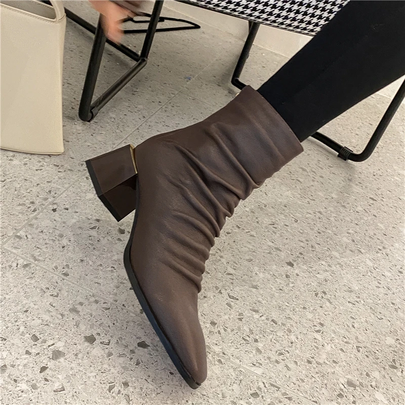

VERCONAS Woman Ankle Boots Genuine Leather Fashion Concise Autumn Winter New Pleated High Heels Office Lady Casual Boots Woman
