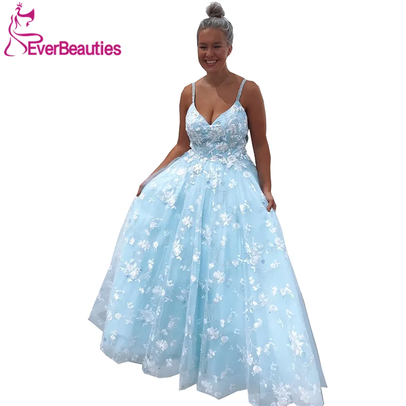 

Vestidos De Gala Prom Dresses Long 2020 Tulle Lace Appliques Evening Gown Spaghetti Straps Robe De Soiree