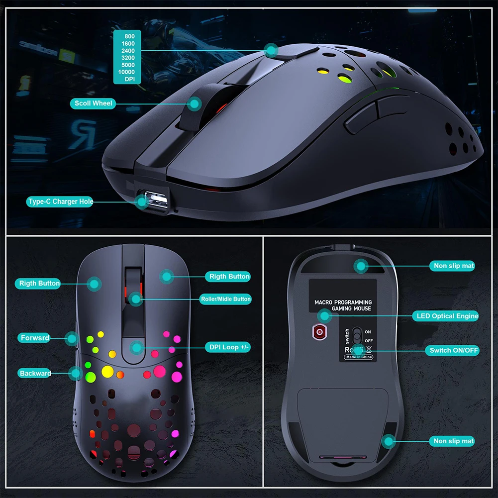 

T100 RGB Macro Definition 2.4G Wireless Mouse Dual Mode Wired Laptop Computer Gaming Mice With RGB Lighting 158cm TYPE-C
