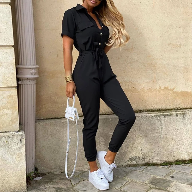 

Women Summer Deep V Neck Short Sleeve Overalls Leopard Patchwork Button Shirt Jumpsuit Elegant Office Lady One Piece Romper Belt