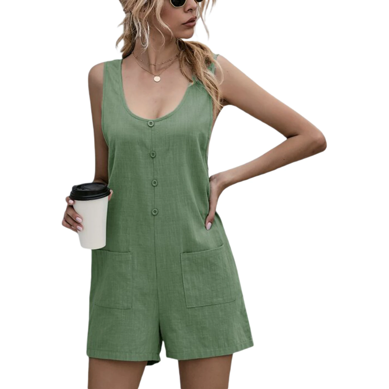 

2021 Women Summer Jumpsuits Solid Color U-Neck Sleeveless Siamese Trousers With Pockets For Girls Green