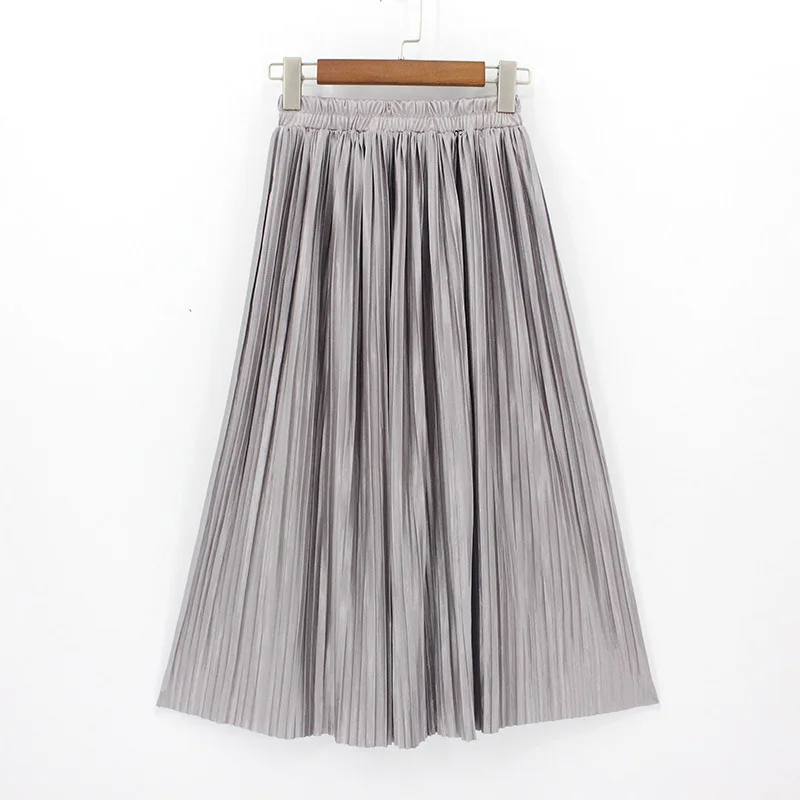 CR Metallic Luster Elasticity Pleated Skirt Woman Europen High Street Style A-Line Mid-Calf Bottoms Party Date | Женская одежда
