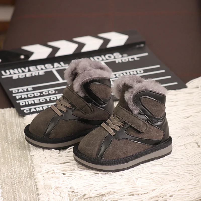 

Winter Boots Toddler Girls Fashion Genuine Leather Shoes Cotton Plush Warm Boys Ankle Anti-slip Kids Snow Boots Thickened 3-12Y