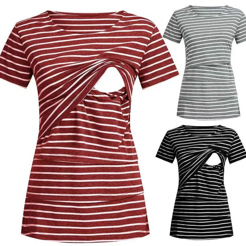 

2021 European and American Summer Hot Style Round Neck Fashion Striped Stitching Pregnant Women Breastfeeding Women's Top PZ01