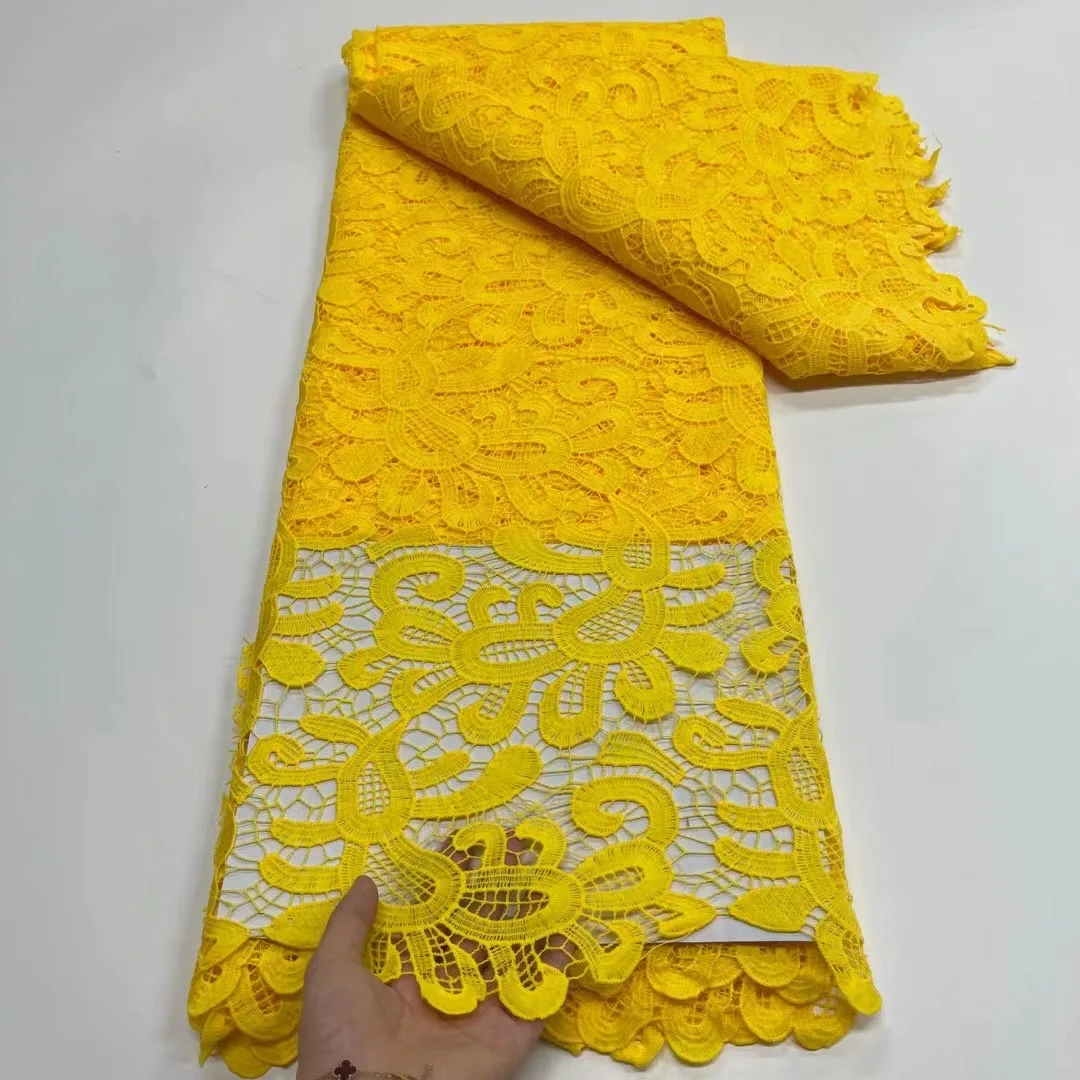 

Nigerian Yellow Guipure Cord Lace Fabric 2021 African High Quality Water Soluble Lace Fabrics French Mesh Cord Lace 5 Yards