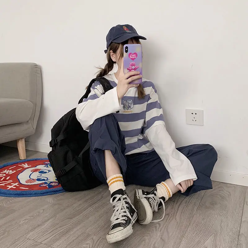 Классические полосатые футболки с длинным рукавом женские свободные элегантные