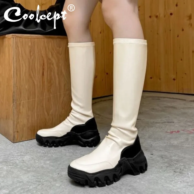 

Coolcept/женские сапоги до колена из натуральной кожи; Модная зимняя обувь на толстой платформе; Женские теплые высокие сапоги; Размер 34-40
