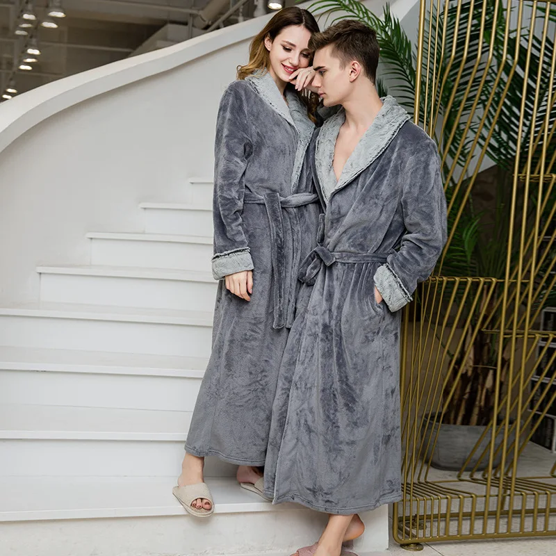 

Autumn and Winter Pijama Flannel Splicing Nightgown Long Size Enlarged Thickened Men's and Women's Pajamas Bathrobe Nightwear