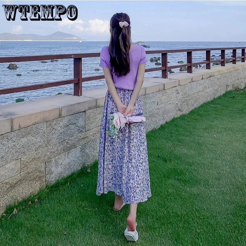 

Women Floral Skirts Long Korean Elegant High Waist A-line Casual Loose Flower Skirt 2021 Summer New Female Sweet Faldas Jupe