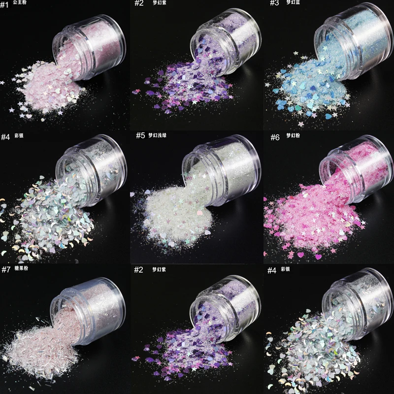 

10ml/Jar Holo Effect Nail Glitter Powder For UV Gel Polish Mixed Size 0.2-5mm Fine Glitter Sparkles Acrylic Nail Art Glitter 7