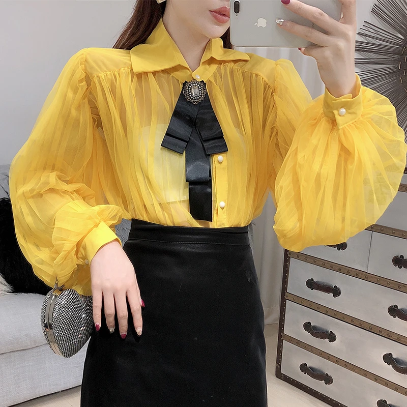 Новинка 2020 женская шифоновая Свободная рубашка с длинными рукавами фонариками