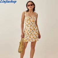 2021 summer women french lemon print slim dress sleeveless backless female lace up bow mini strap dress vestidos