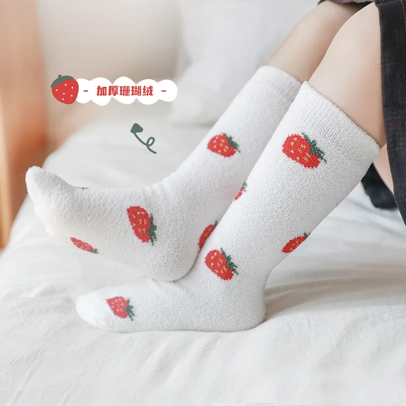 

3 Pairs/lot Coral Velvet Children's Socks Winter Warmth Thickening Girls Calf Socks Korean Cartoon Kids Straight Socks Free Size