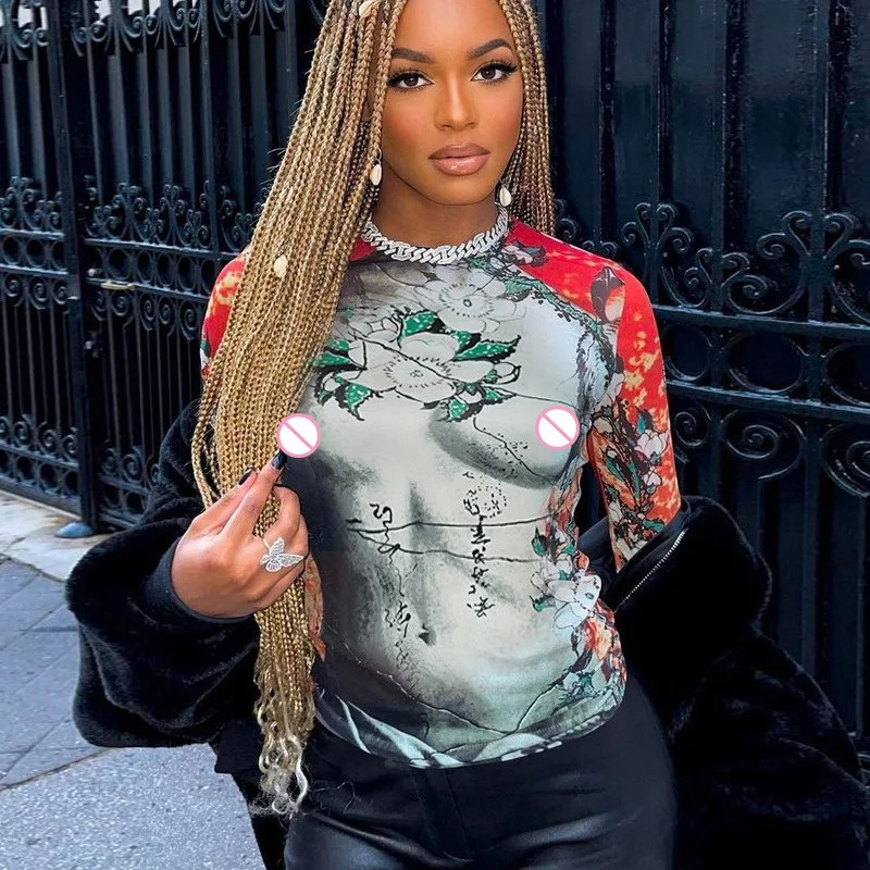 

Кроп-топ Y2k с аниме-принтом, женская блузка, одежда, новинка 2021, осенняя футболка с длинным рукавом и принтом, женская одежда