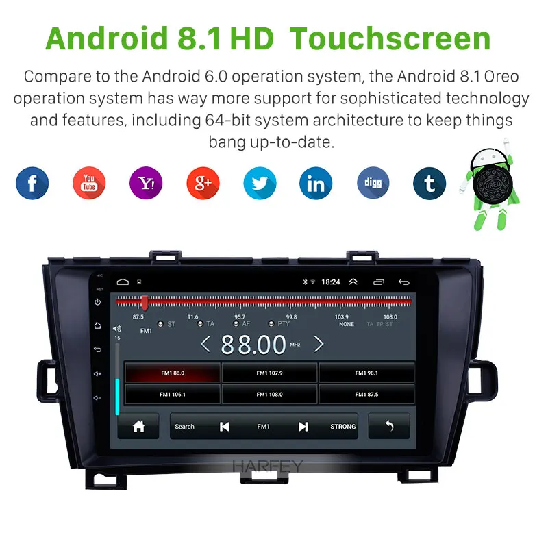 Автомагнитола Harfey 9 дюймов Android 8 1 для 2009-2013 Toyota Prius RHD с HD сенсорным экраном GPS