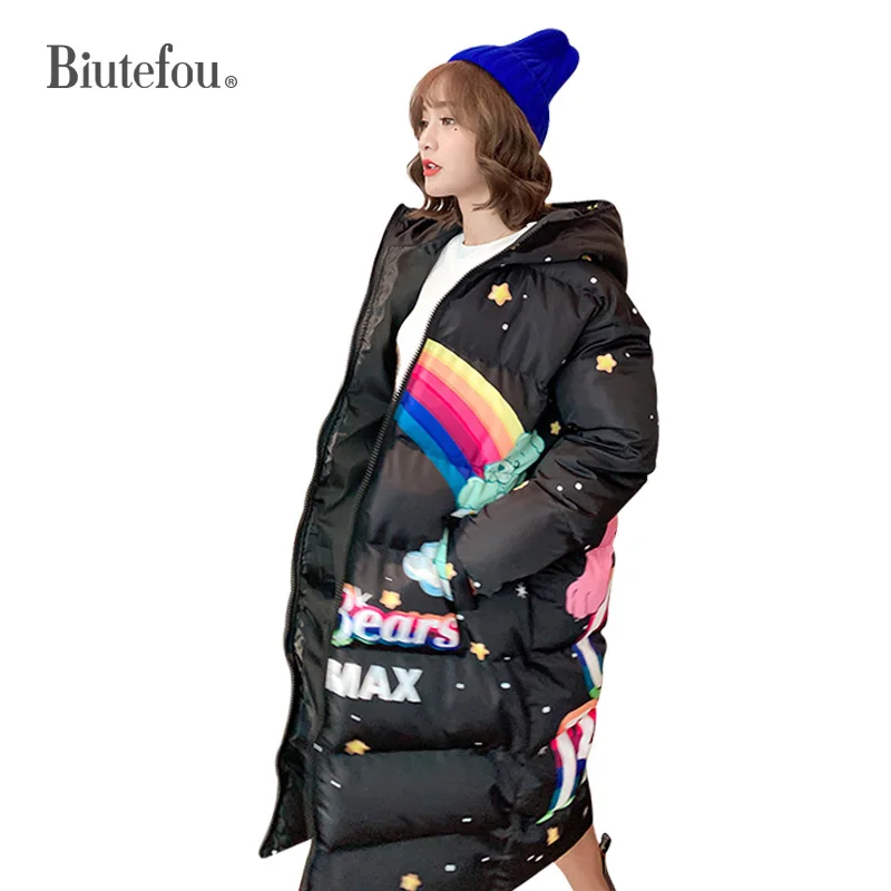 Зимняя мода 2020 длинные пальто с капюшоном мультяшным принтом женские толстые