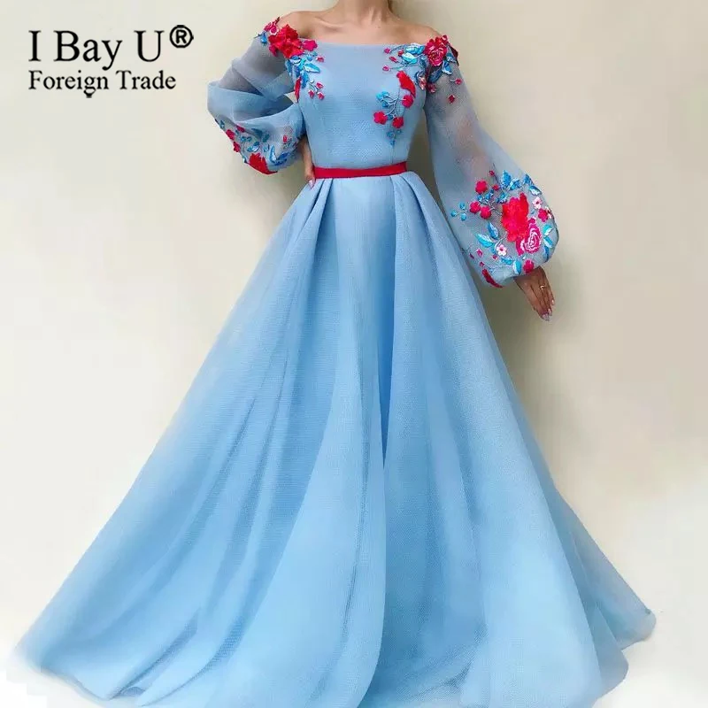 Очаровательное синее вечернее платье 2020 А силуэта с цветочной аппликацией Дубаи