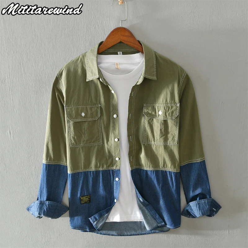 

100% Cotton Spring Denim Shirt Men Autumn Japanese Style Contrast Color Long Sleeve Jeans Shirt Korean Clothes M-XXXL Men Tops