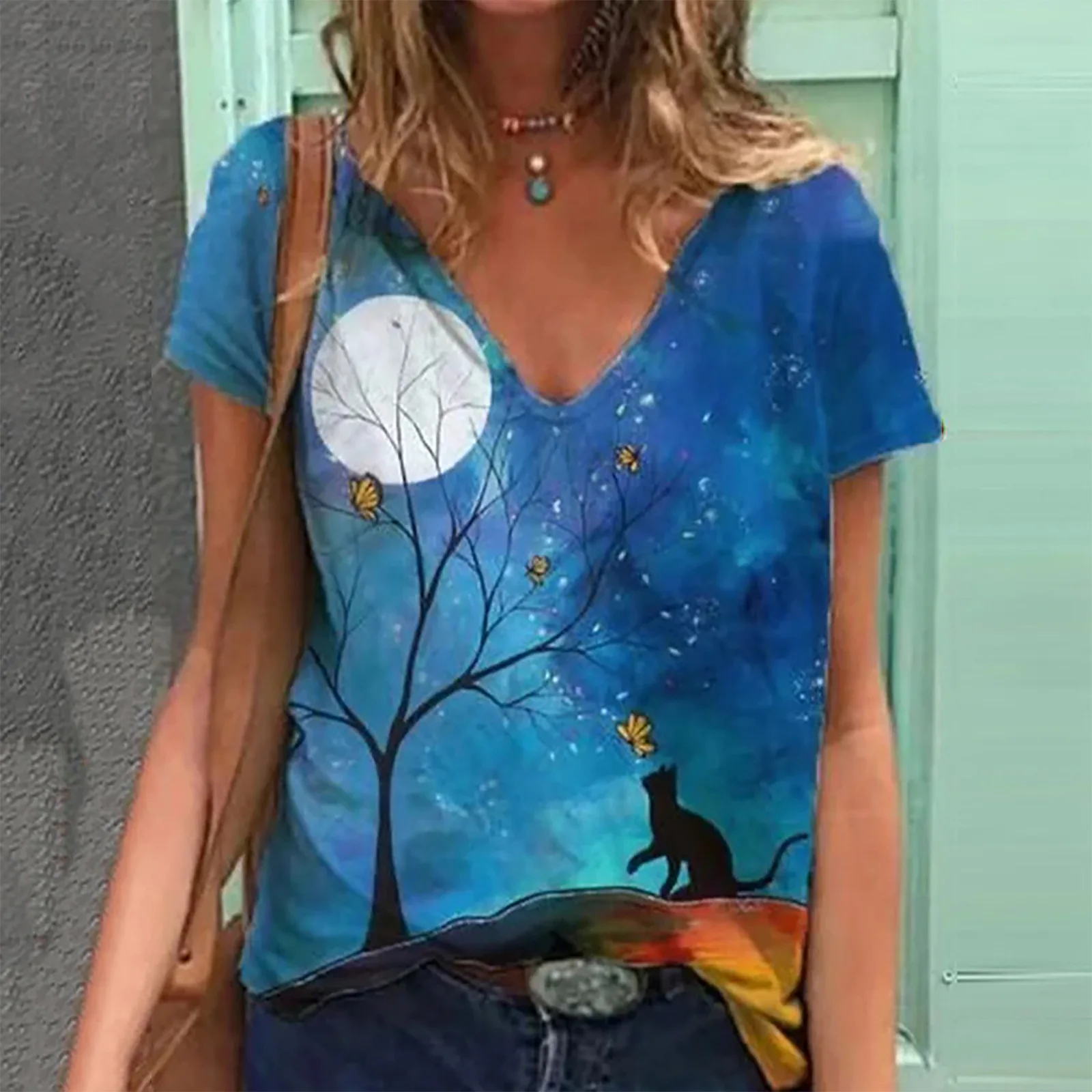 

Spring Vintage Floral Print Loose Shirts Tops 2021 Women V-Neck T-Shirt Summer Casual Short Sleeve Pullover Blusas