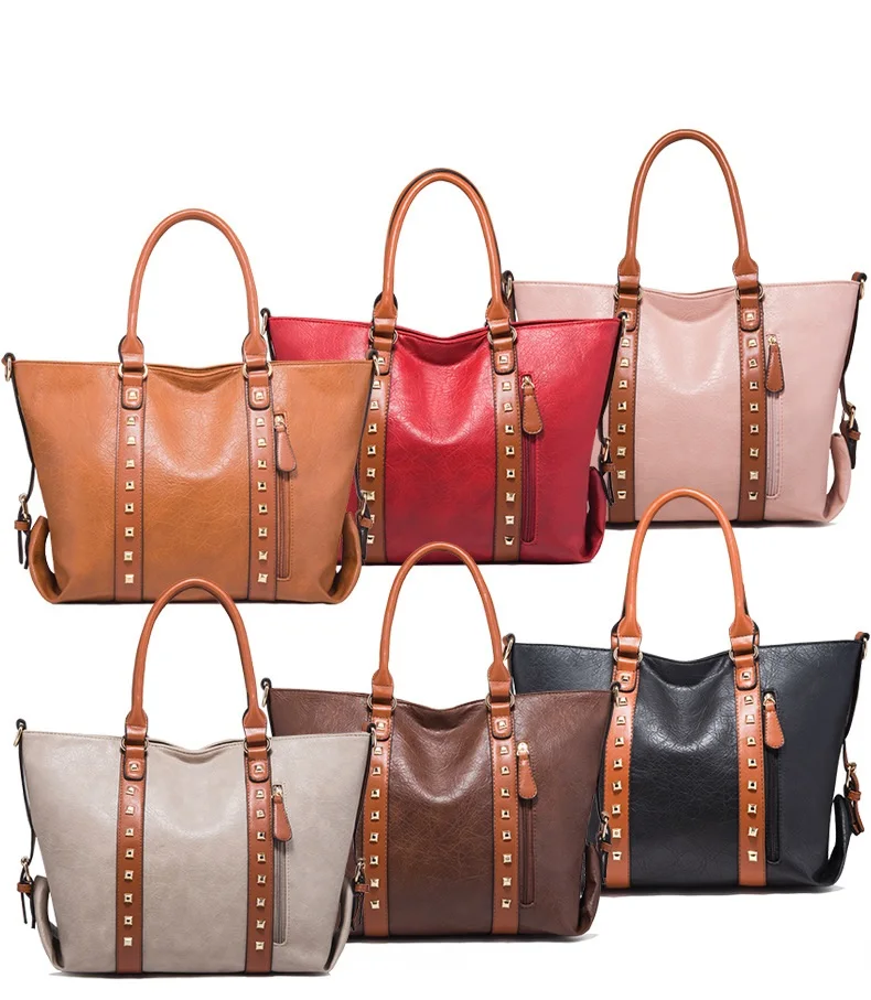 

Women's Fashion Retro Large Capacity Pu Leather Handbag Rivet Shoulder Bags Female Simple Totes Black