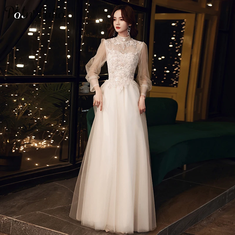 

Beige Tulle Women Evening Dresses With Full Sleeves Modest High Neck A-Line Floor-Length Appliques Muslim Wedding Guest Outfit