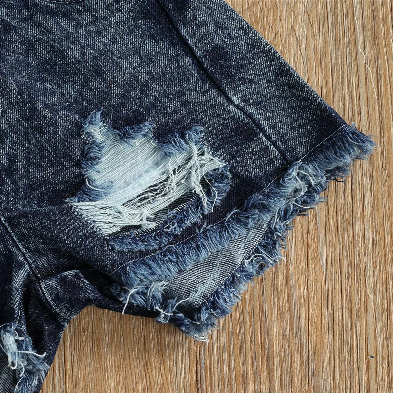 

1-6Year Girls Summer Clothing Sets Toddler Kids Girls Letter Print Tassel T-shirt Tops+Ripped Hole Denim Shorts 2pcs Casual Sets