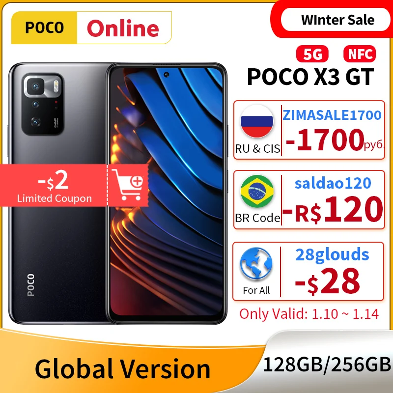  POCO X3 GT 5G 128 ГБ/256 ГБ Dimensity 1100 Octa Core 67 Вт Turbo Charge 5000 мАч 6,6 ''120 Гц 64 мп камера 