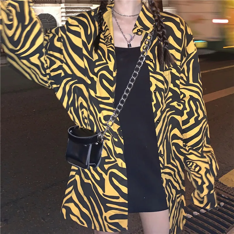 

Womem Vintage Coat Shirts Zebra Pattern Long Sleeve Loose Autumn Korean New Woman Outwear