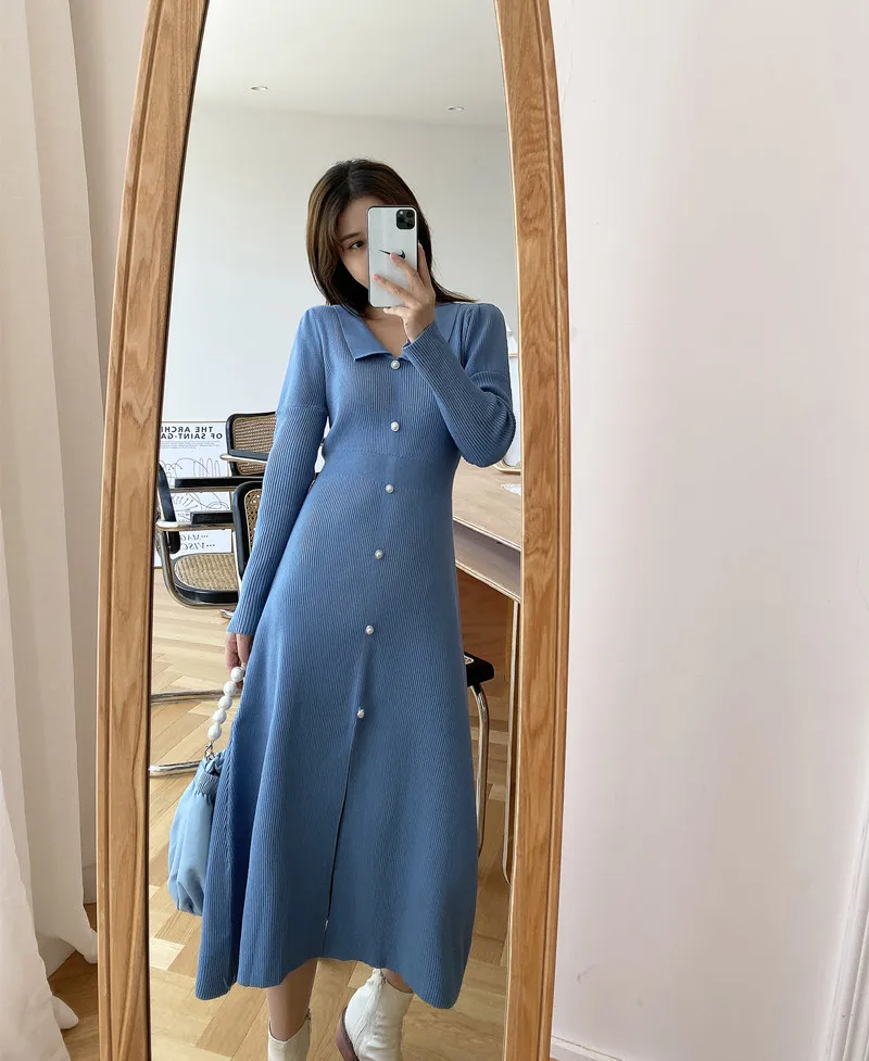 

Autumn Winter Women Solid Knit Dress Turn-Down Collar A-Line Slim Waist Sweater Dresses Pullover Midi Dress