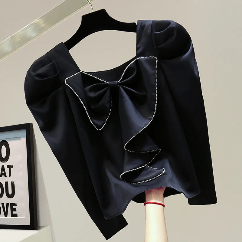 

Новинка Осень 2021, однотонный пуловер, рубашка с пышными рукавами, женские рубашки с бантом и оборками и квадратным воротником, женские корот...