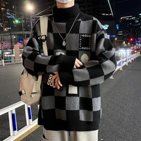 japanese checkerboard plaid turtleneck knitted sweater men winter clothes high street fashion pullover warm goth emo streetwear