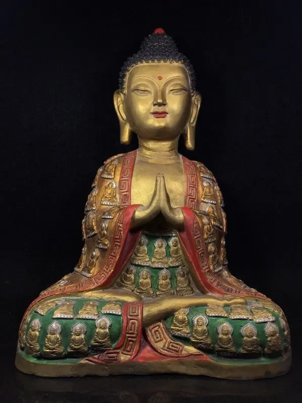 

16" Tibet Buddhism Temple Old Bronze Painted Shakyamuni Buddha Statue The unity of Buddha in Buddha Enshrine the Buddha