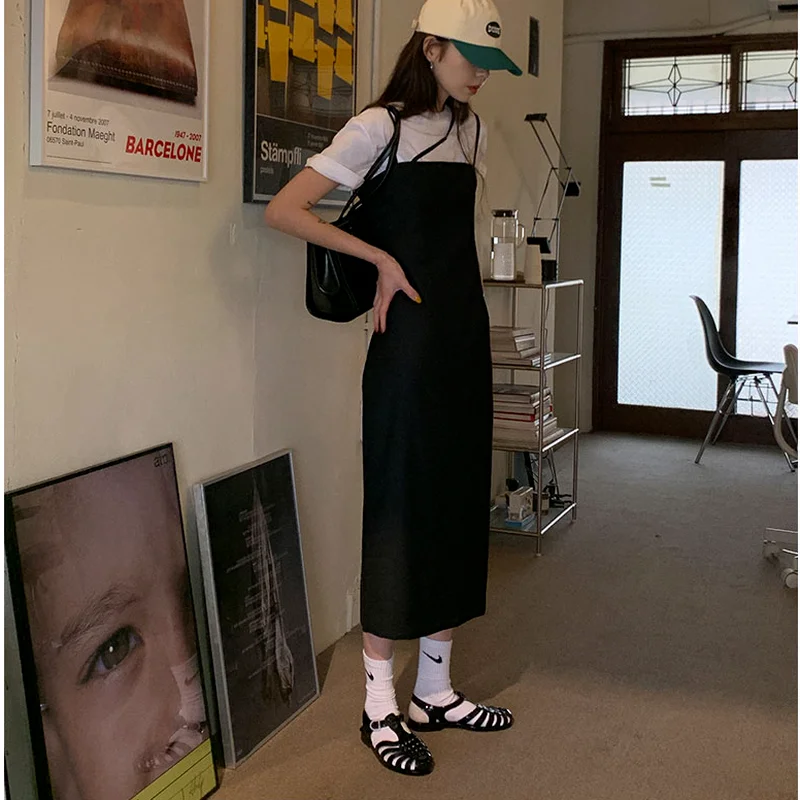 

Simple Black Spaghetti Strap Dress Casual Elegant Sleeveless Sexy Party Vestido Korean Summer 2021 Office Ladies Sundress Moda
